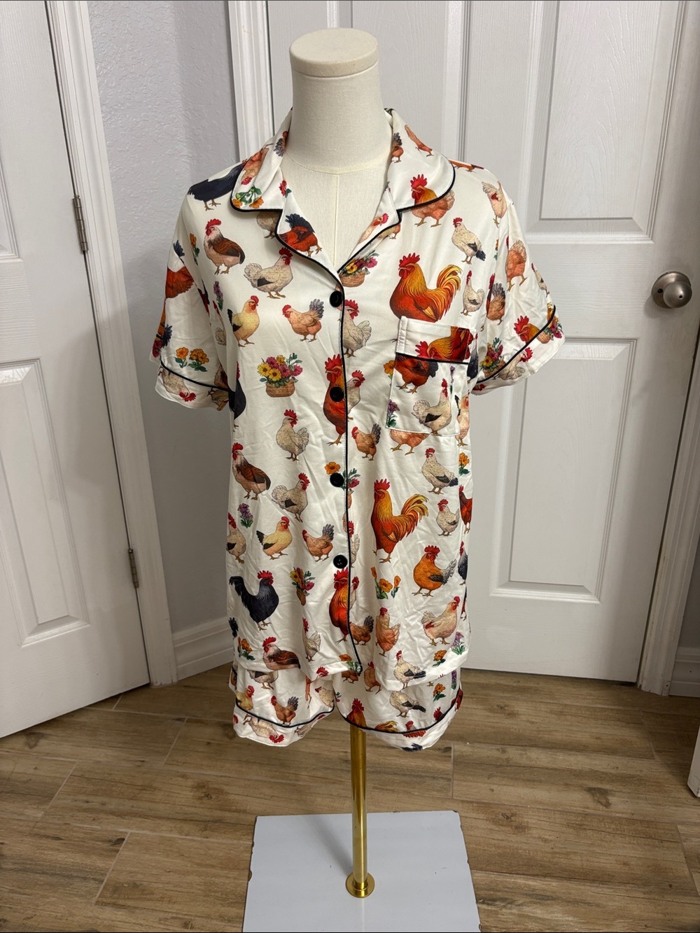 Chicken PJS button down shirts with pocket, and elastic wasted shorts